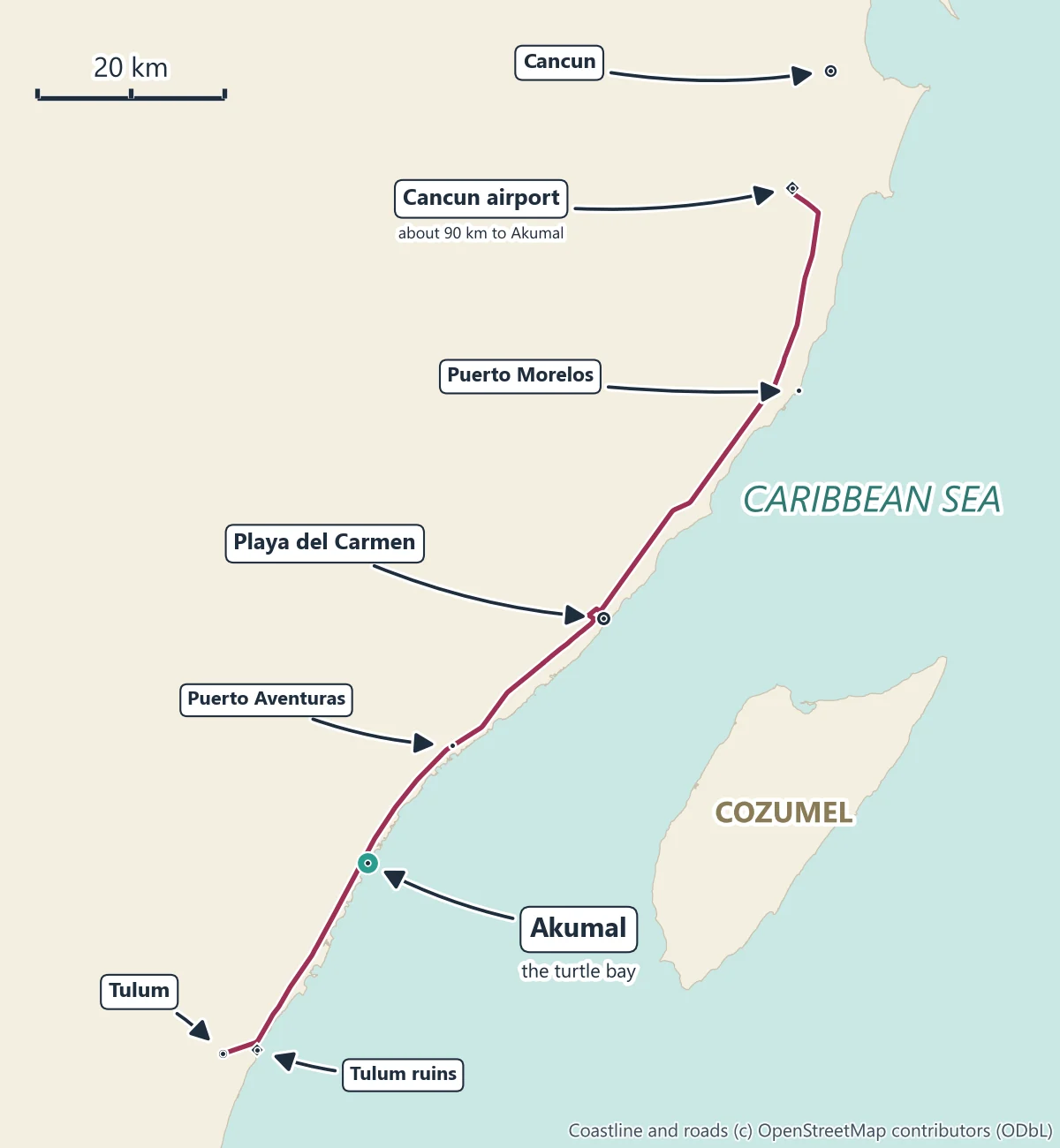 Map of the Riviera Maya coast with Highway 307 from Cancun airport south past Puerto Morelos, Playa del Carmen and Puerto Aventuras to Akumal and on to Tulum and the Tulum ruins, Cozumel offshore