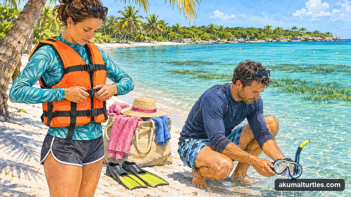 Illustration: on a white sand beach in bright morning light, a woman in a long-sleeved rash guard fastens a life jacket while a man beside her rinses a snorkel mask, towels and a hat on a beach bag behind them, the turquoise bay beyond