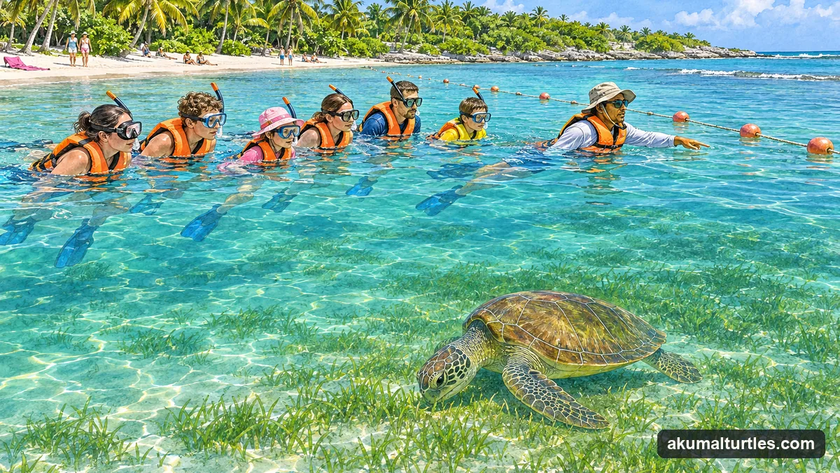 Illustration: a guide in a life jacket leading six snorkelers in life jackets along a line of buoys in calm, clear water, a green sea turtle grazing on seagrass below them at a distance