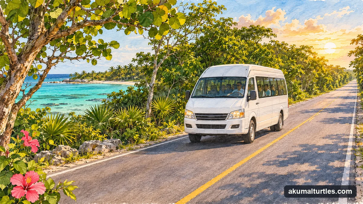 Illustration: a white minibus driving south on a straight two-lane highway through low green jungle in early morning light, the turquoise sea glimpsed through the trees to the left