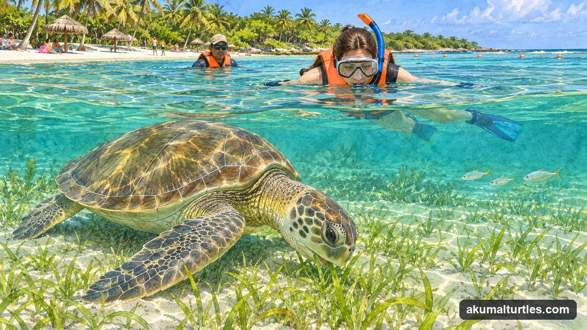 Illustration: a snorkeler in a life jacket floating at the surface of clear shallow water while a green sea turtle grazes on a bed of seagrass below, a guide a little behind