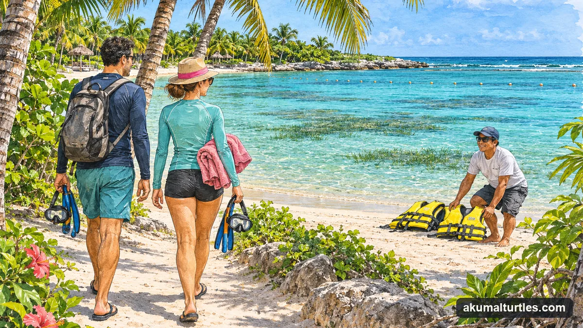 Illustration: a couple in rash guards walking down a sandy path between palm trees towards the turquoise water of Akumal Bay, carrying towels and snorkel masks, a guide waiting by the water's edge with life jackets