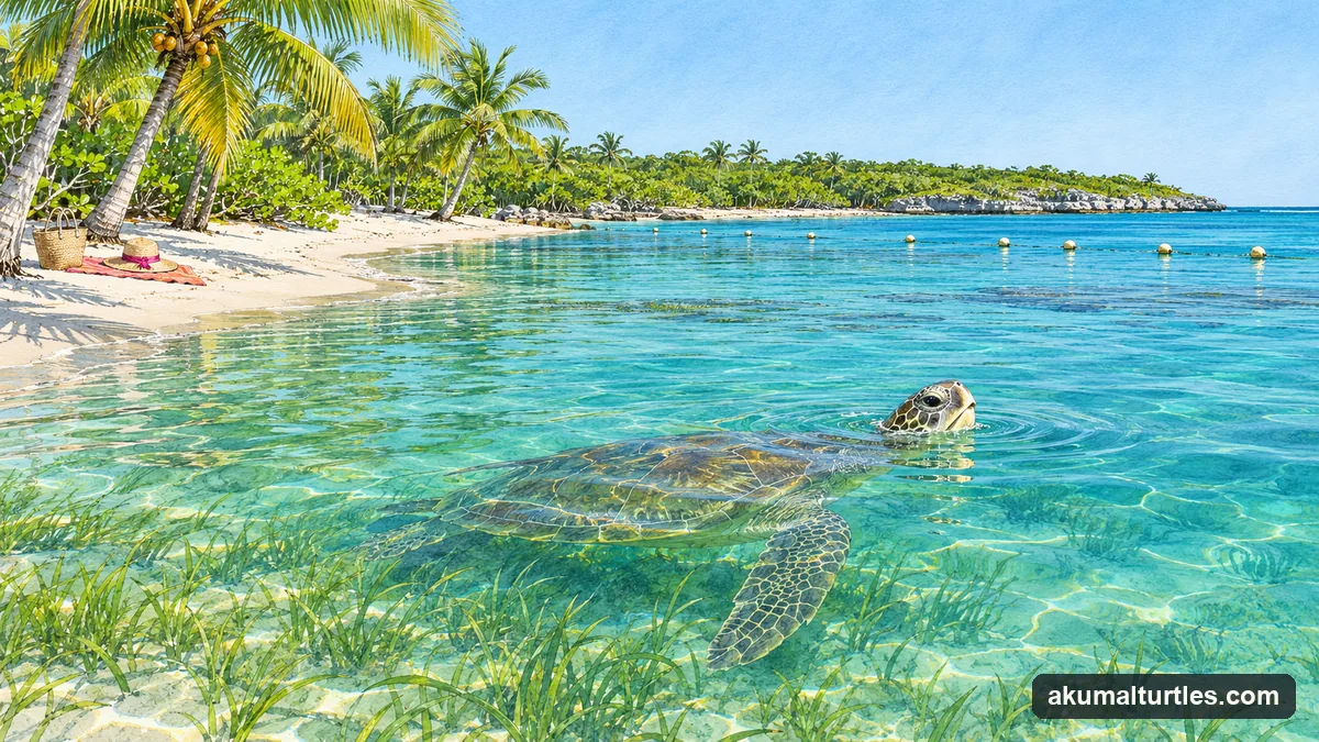 Illustration: early morning over a calm, glassy bay with a white sand beach and palm trees, a line of small marker buoys on the water and a green sea turtle's head breaking the surface to breathe