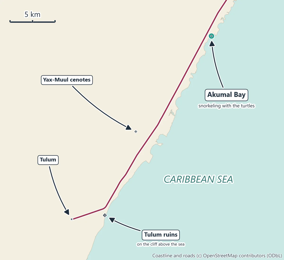 Map of the coast between Akumal and Tulum: Akumal Bay in the north, the Yax-Muul cenotes inland, the town of Tulum and the Tulum ruins on the cliff above the sea in the south, joined by Highway 307