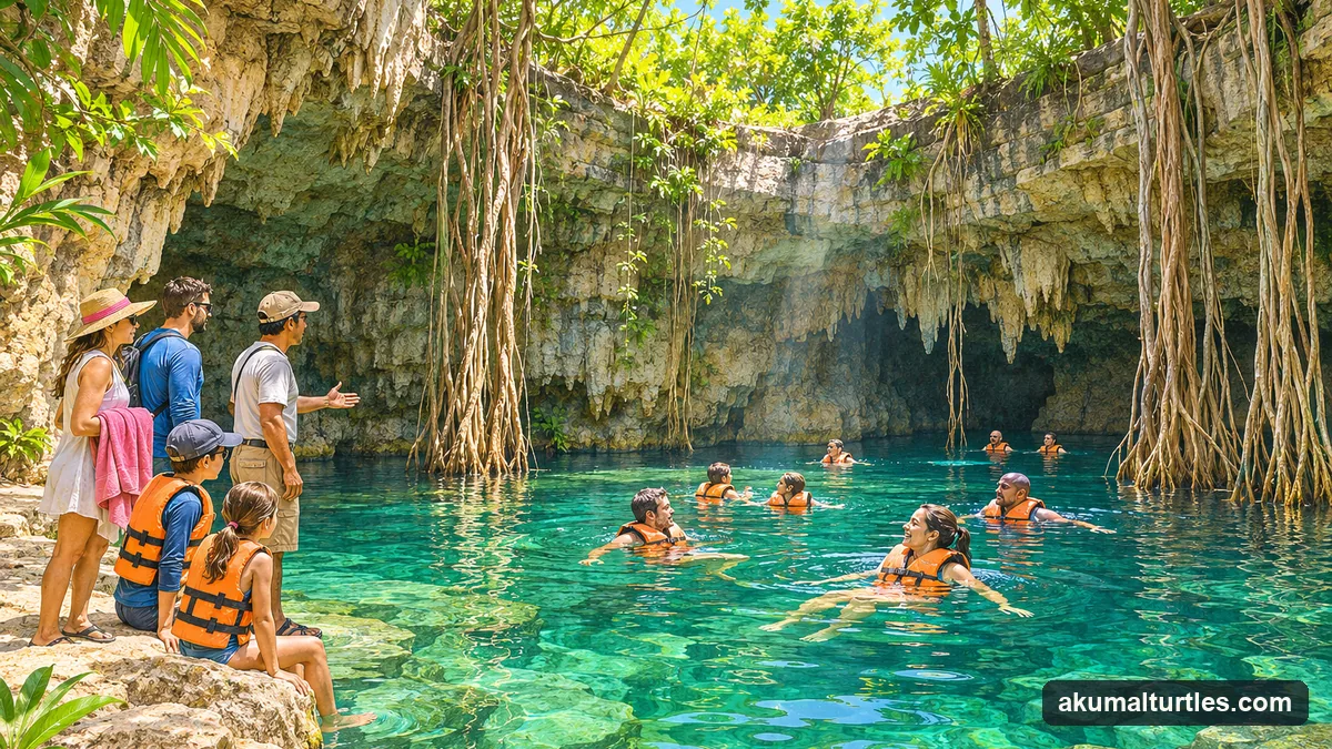 Illustration: swimmers in life jackets floating in the clear green water of an open cenote ringed by limestone walls and hanging roots, sunlight falling through the opening above